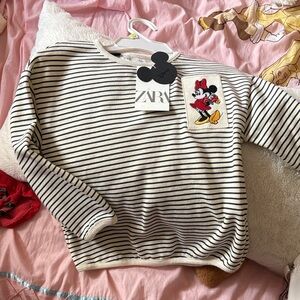Zara Kids Black and White Striped Sweater with Minnie Mouse Patch